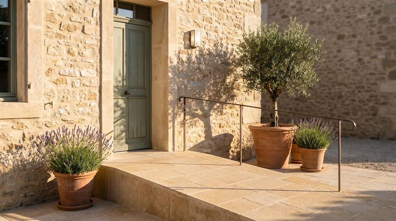 Entrée de maison en pierre du Sud avec rampe d'accès en pierre remplaçant les marches, main courante discrète et éclairage extérieur.