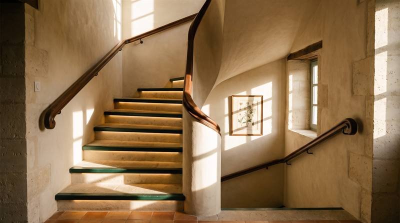 Escalier de maison ancienne sécurisé : double main courante en bois, nez de marche contrastés et éclairage encastré sous chaque marche.